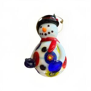 HAND BLOWN ART GLASS MURANO STYLE SNOWMAN FIGURINE Hanging Ornament 2”